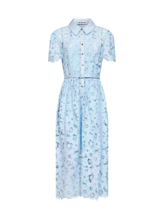 Light blue lace belted midi shirt dress