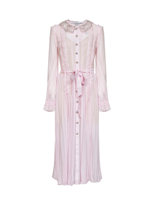 Pink pleated chiffon belted midi dress