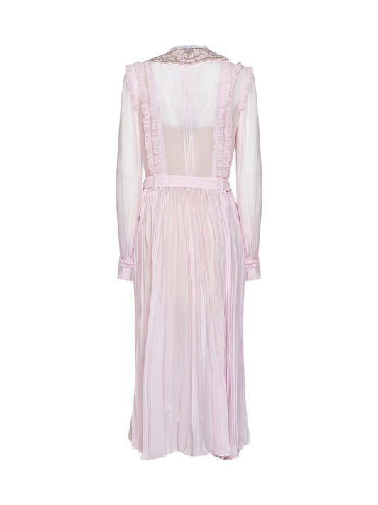Pink pleated chiffon belted midi dress