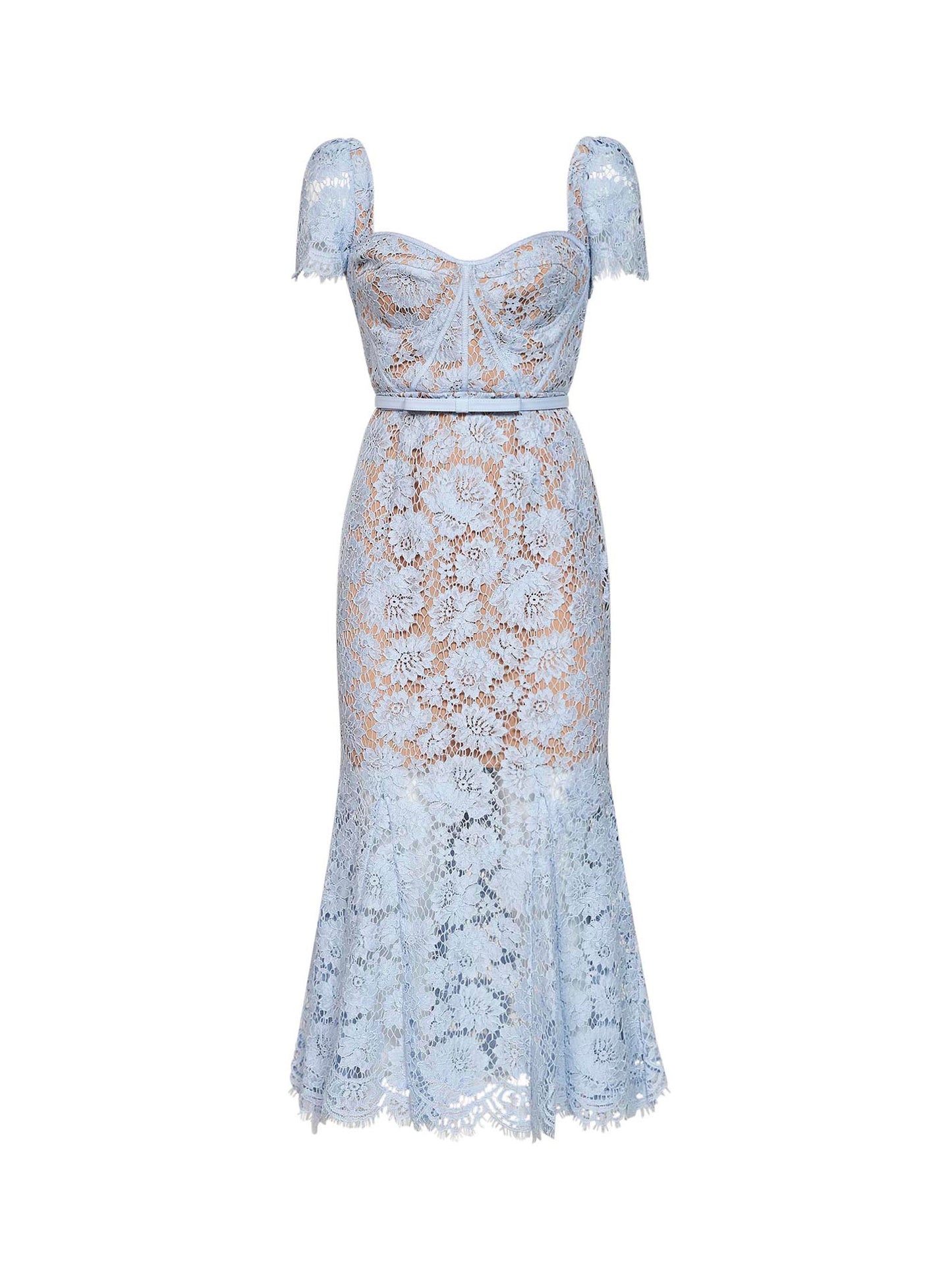 Light blue lace belted midi dress