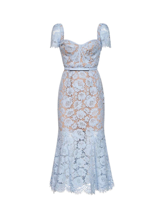 Light blue lace belted midi dress