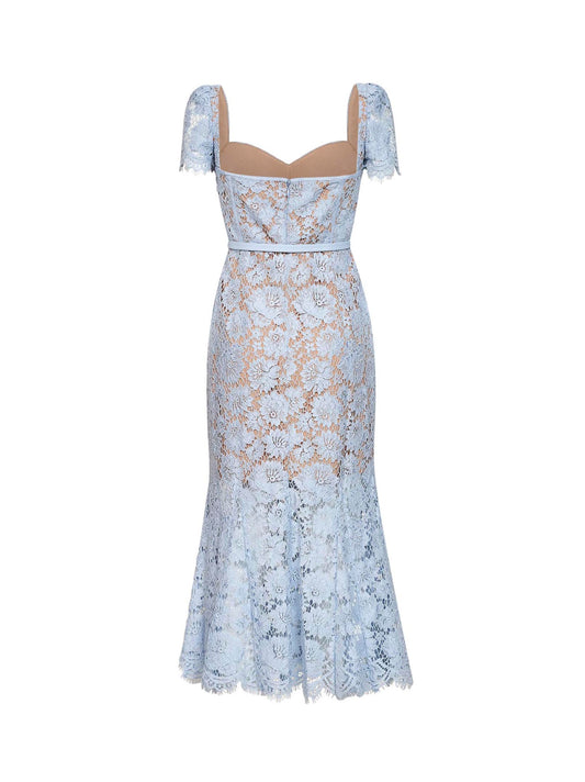 Light blue lace belted midi dress