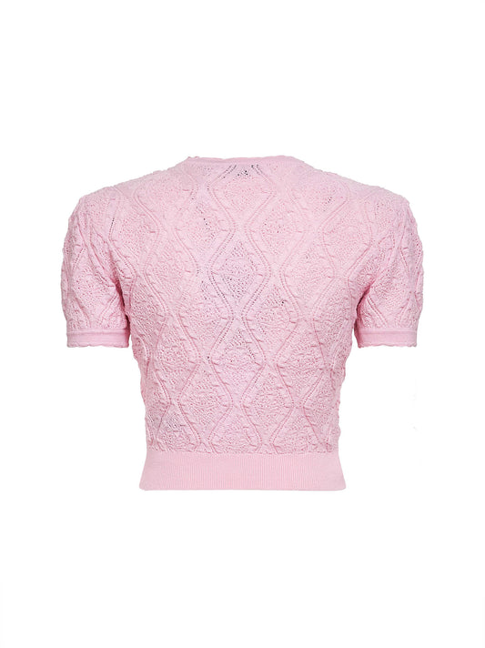 Cardigan crop in maglia pointelle rosa