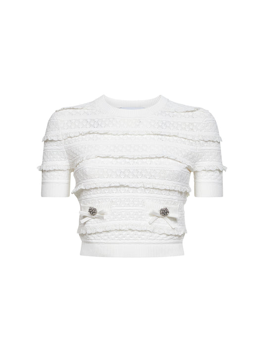 Top crop in maglia pointelle bianca