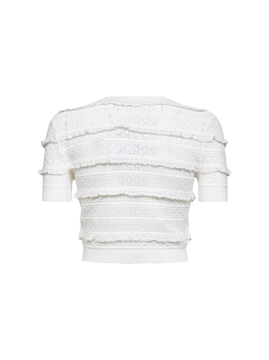 Top crop in maglia pointelle bianca
