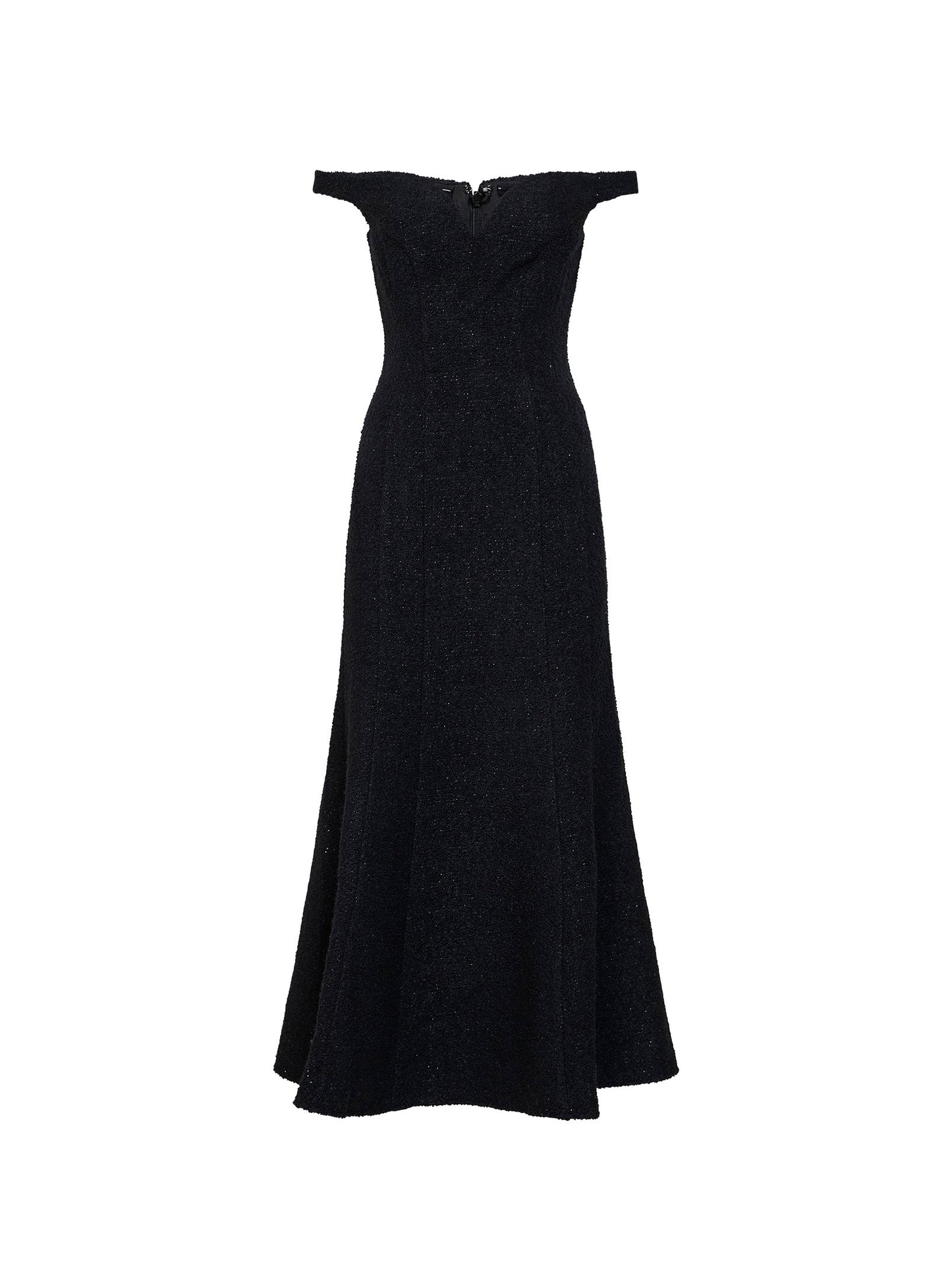 Abito midi con spalle scoperte in bouclé lamé nero