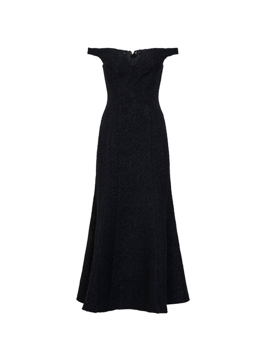 Black lamé bouclé off-the-shoulder midi dress