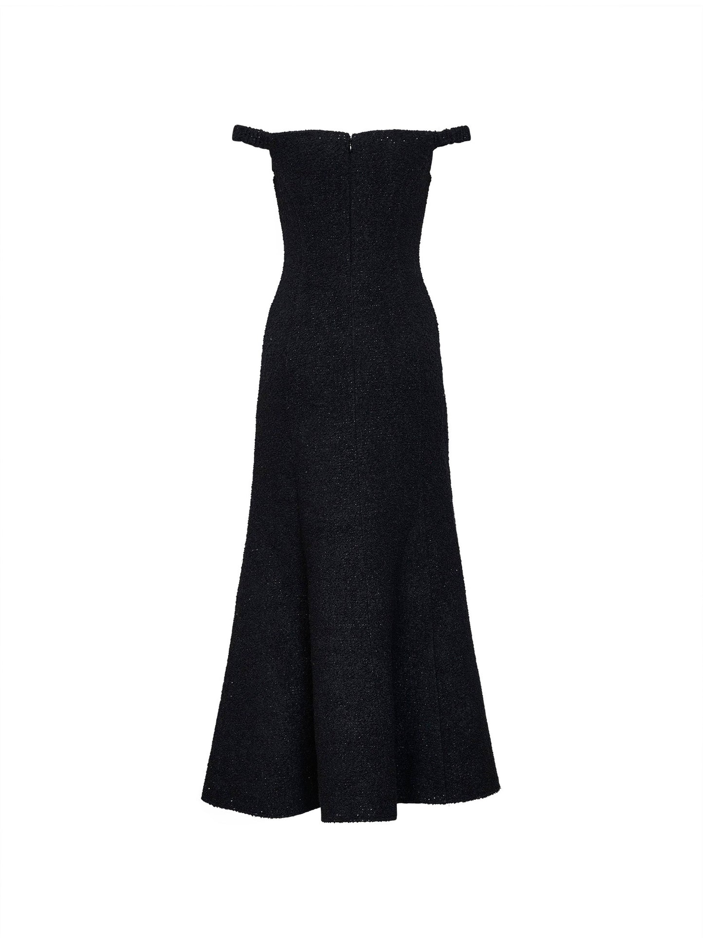 Abito midi con spalle scoperte in bouclé lamé nero