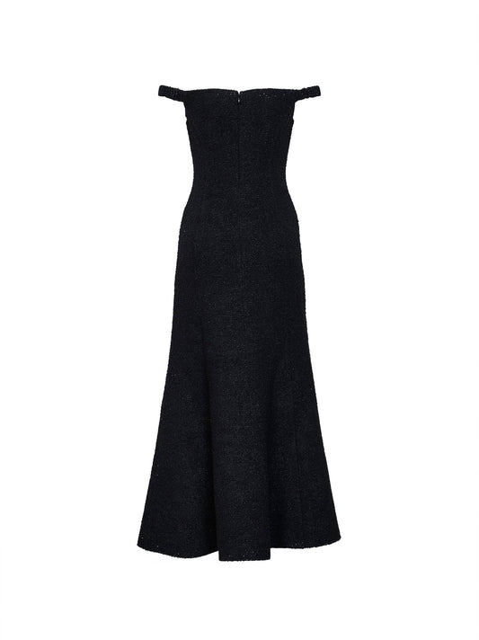 Black lamé bouclé off-the-shoulder midi dress