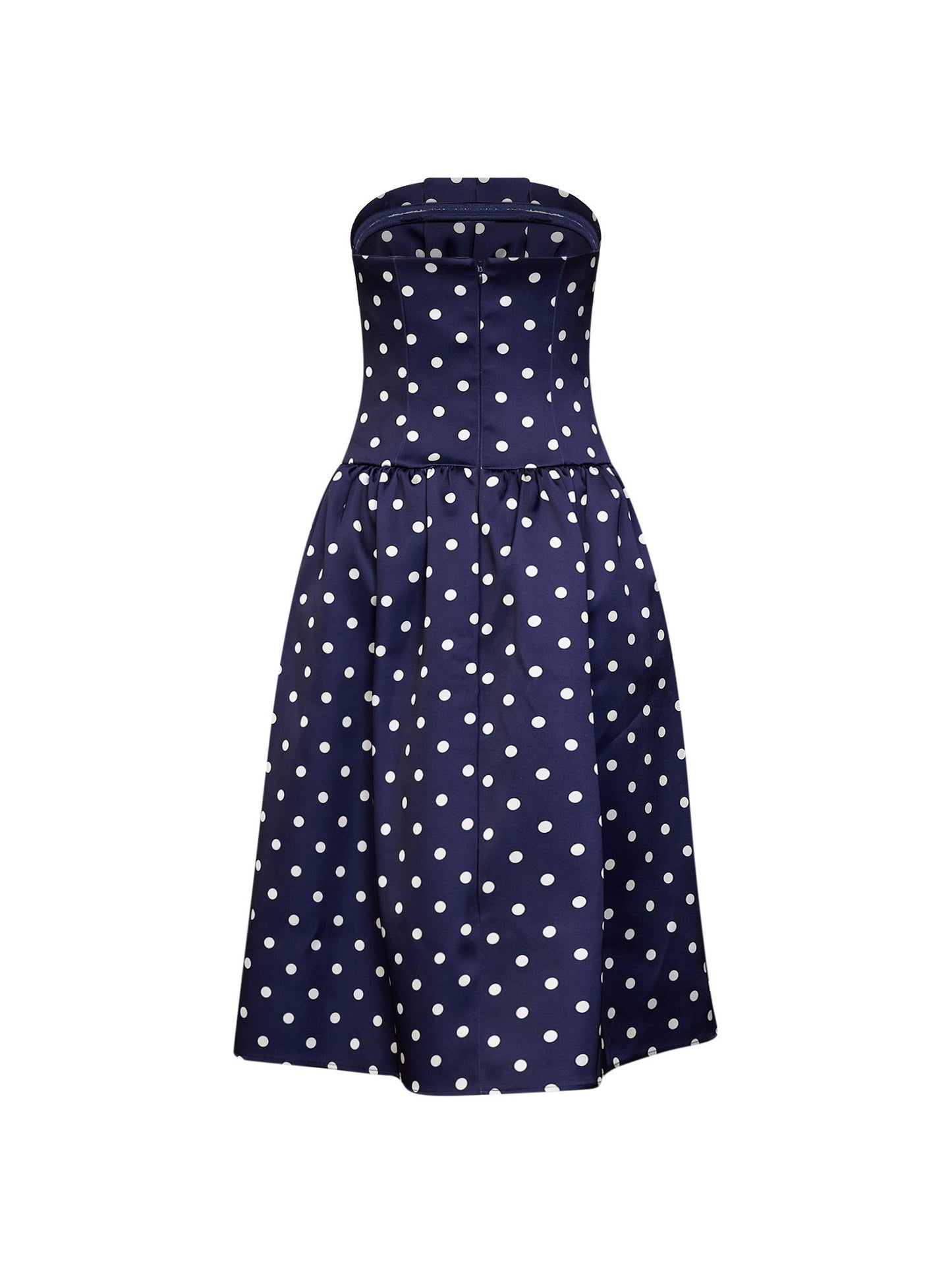 Navy blue polka dot.-print satin strapless midi dress