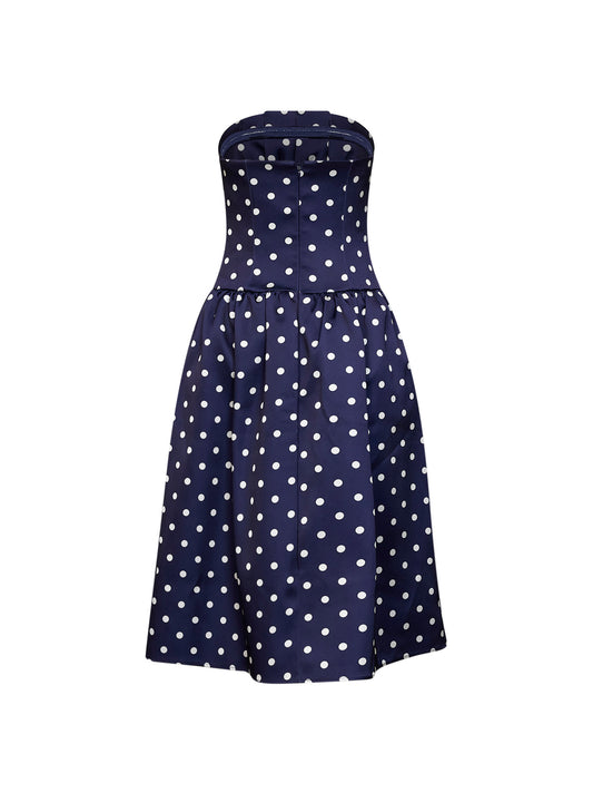 Navy blue polka dot.-print satin strapless midi dress