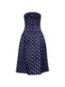 Navy blue polka dot.-print satin strapless midi dress