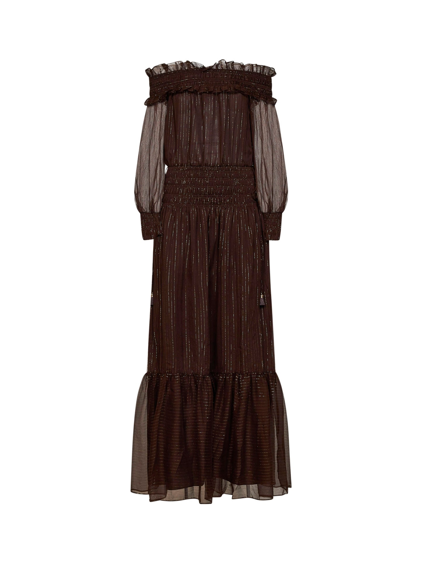 Maxi abito con spalle scoperte in georgette lamé marrone<BR/>