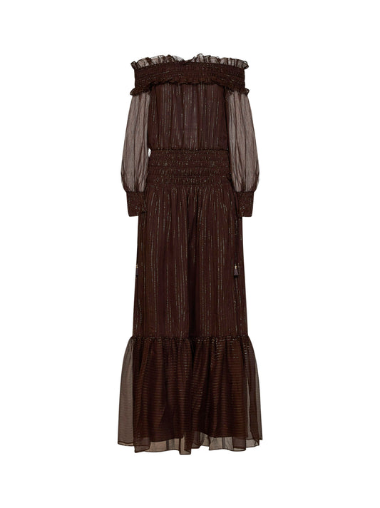 Brown lamé georgette off-the-shoulder maxi dress