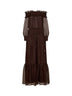 Maxi abito con spalle scoperte in georgette lamé marrone<BR/>