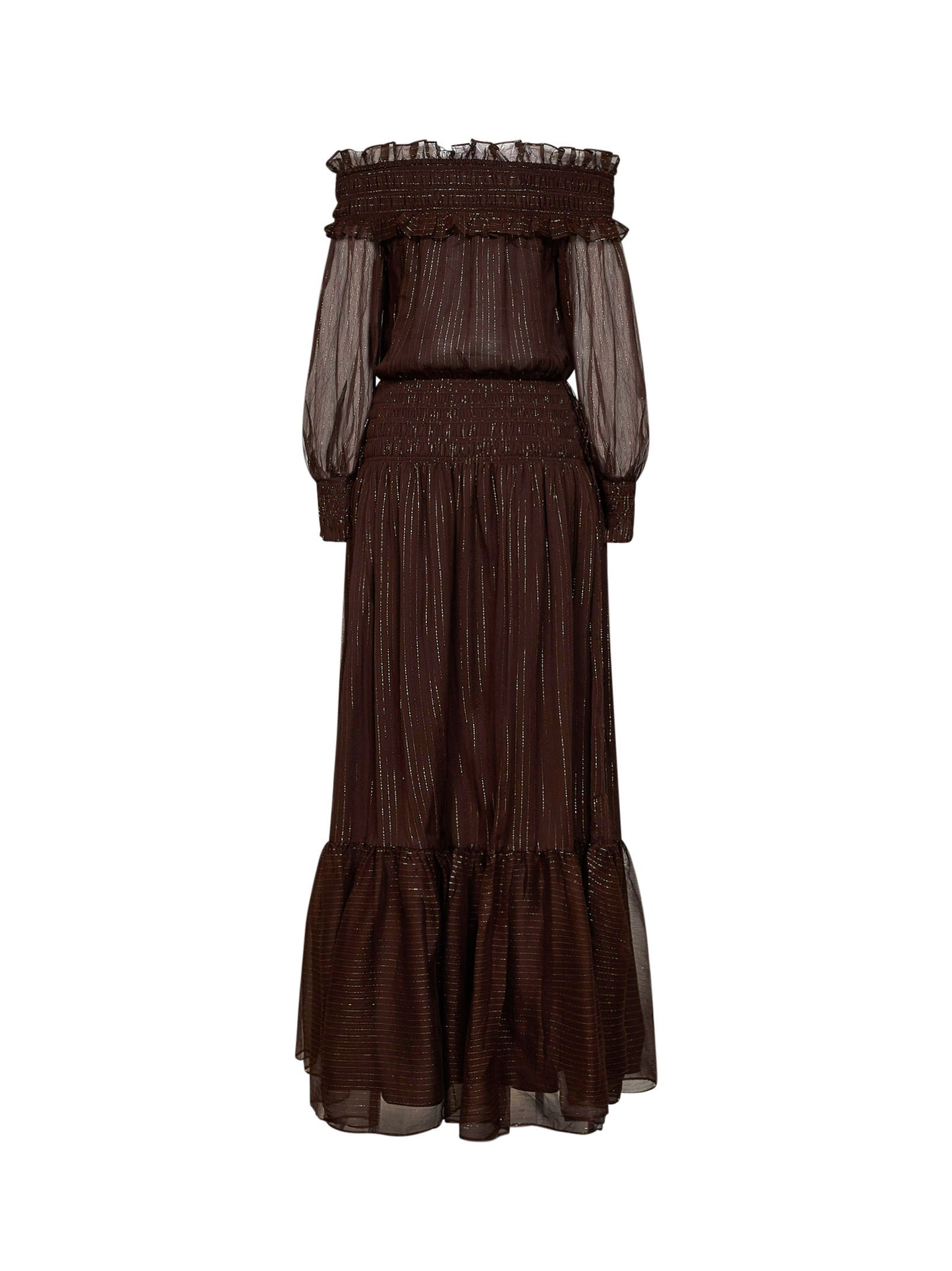 Maxi abito con spalle scoperte in georgette lamé marrone<BR/>