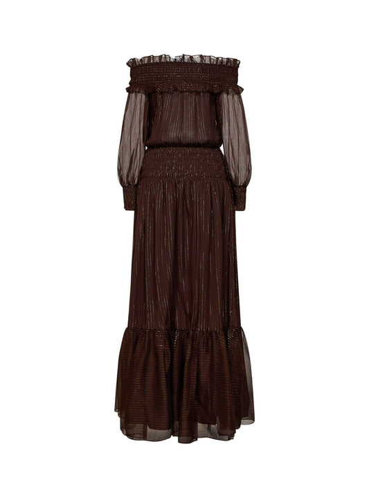 Brown lamé georgette off-the-shoulder maxi dress