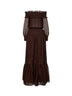 Maxi abito con spalle scoperte in georgette lamé marrone<BR/>