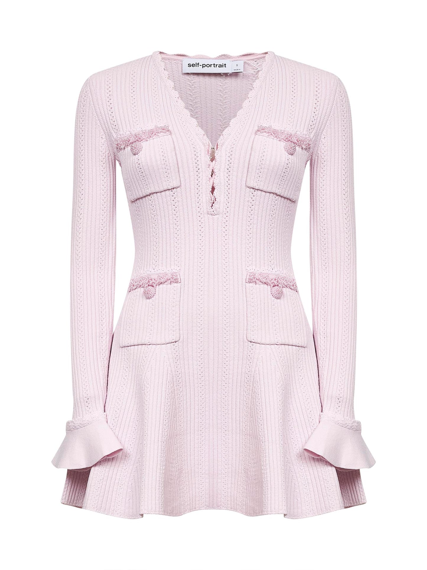 Abito mini in maglia pointelle rosa con perline