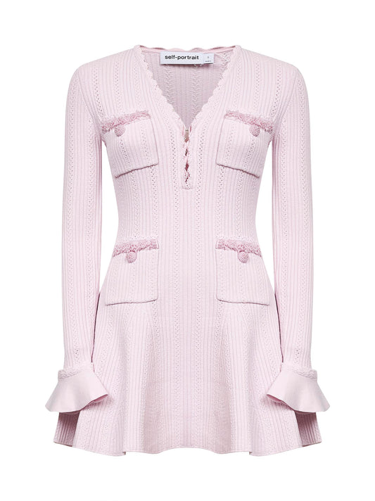 Pink pointelle knit pearl trim mini dress