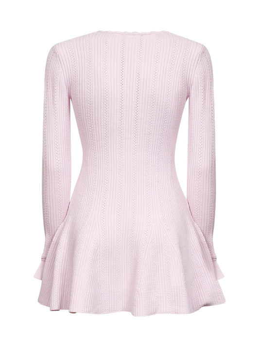 Pink pointelle knit pearl trim mini dress