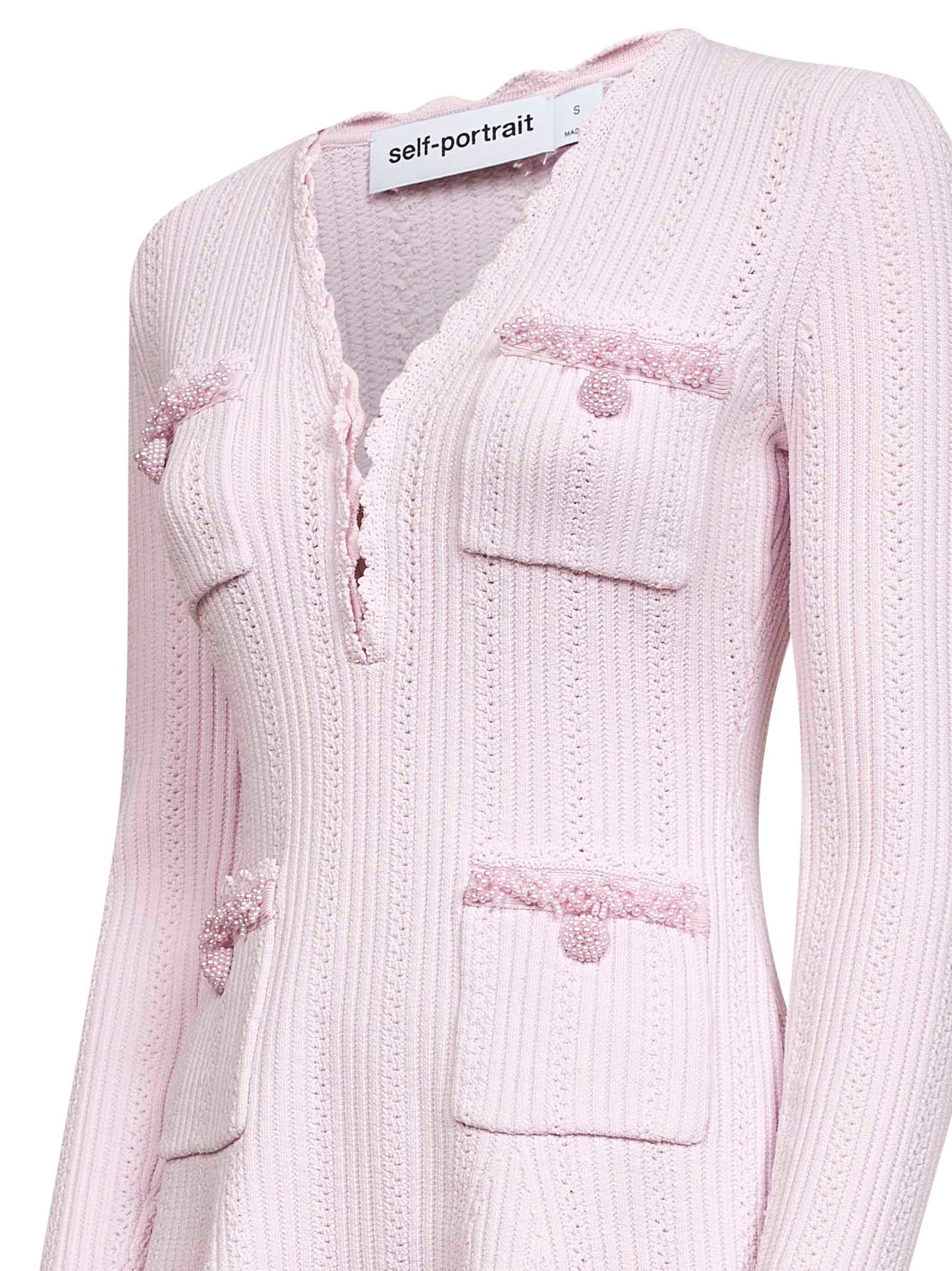 Abito mini in maglia pointelle rosa con perline