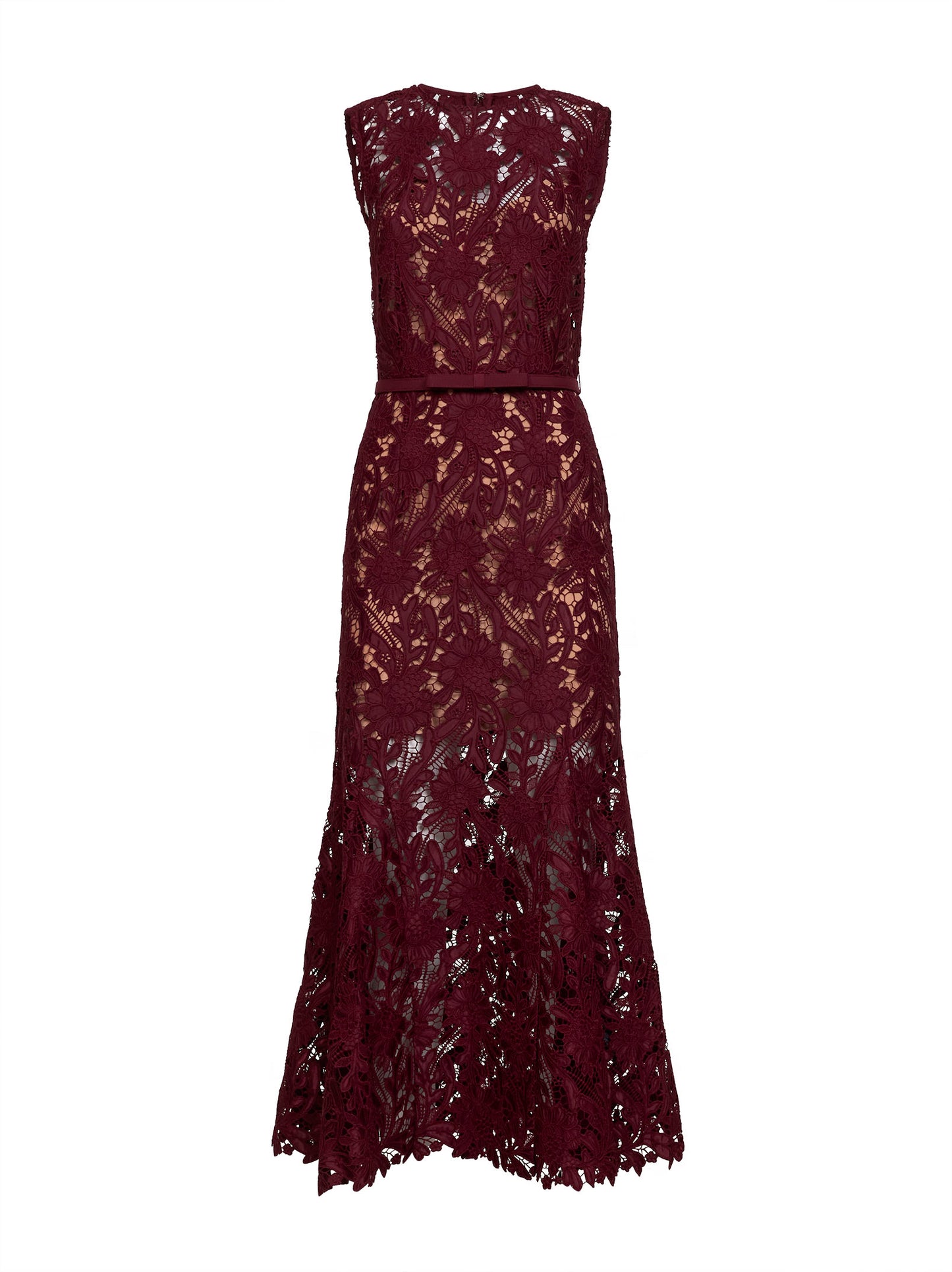 Burgundy guipure lace belted midi dress