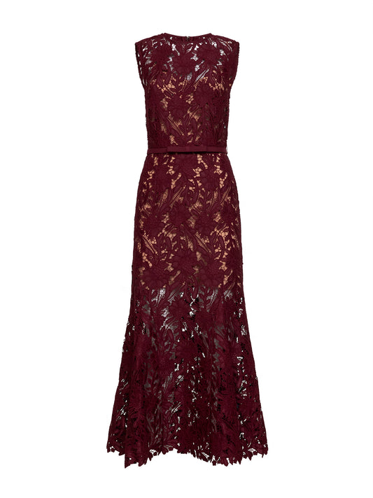 Burgundy guipure lace belted midi dress