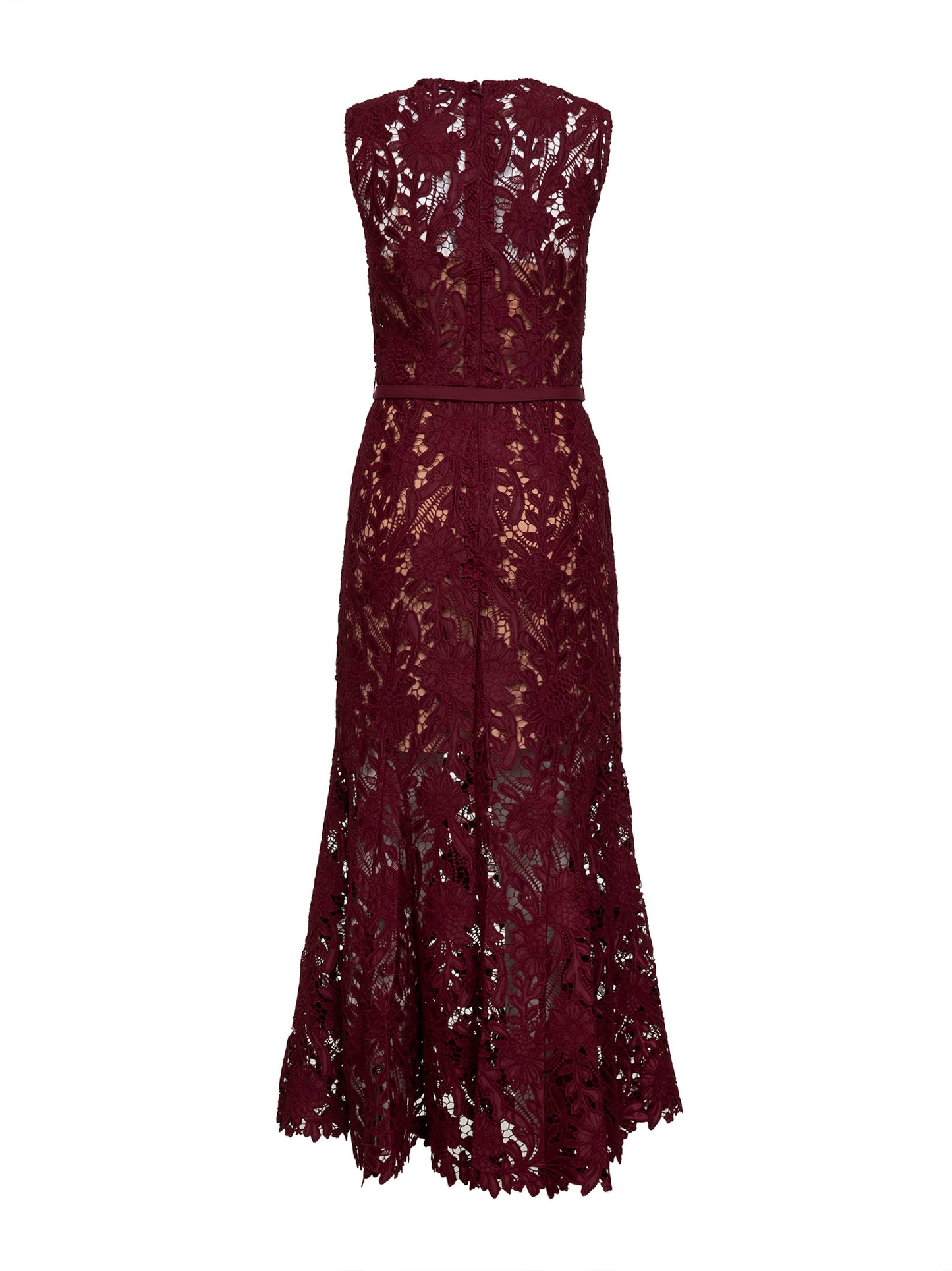Burgundy guipure lace belted midi dress