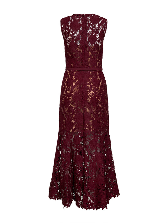 Burgundy guipure lace belted midi dress