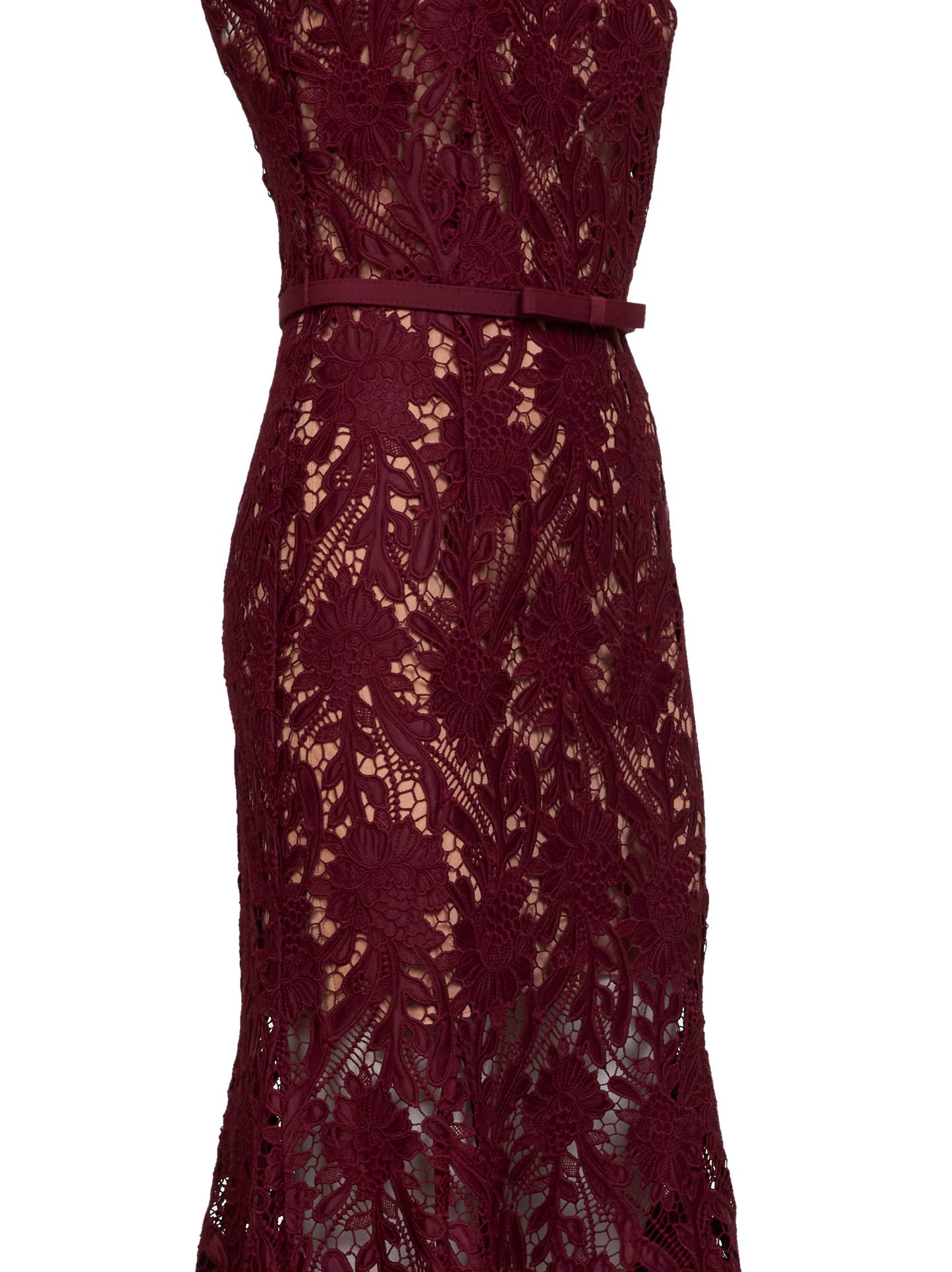 Burgundy guipure lace belted midi dress