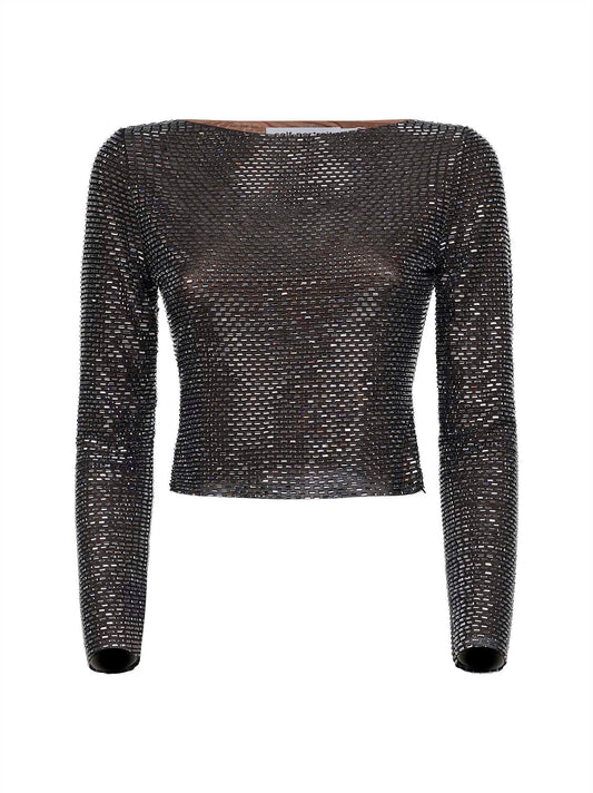 Top a maniche lunghe in strass canna di fucile