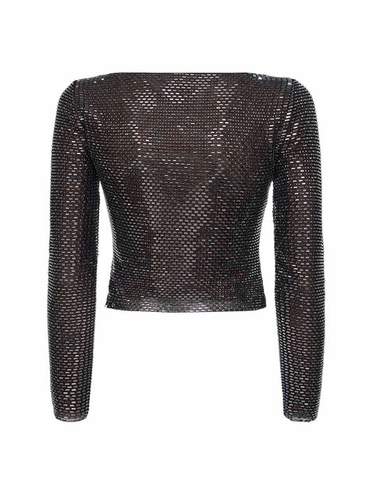 Top a maniche lunghe in strass canna di fucile