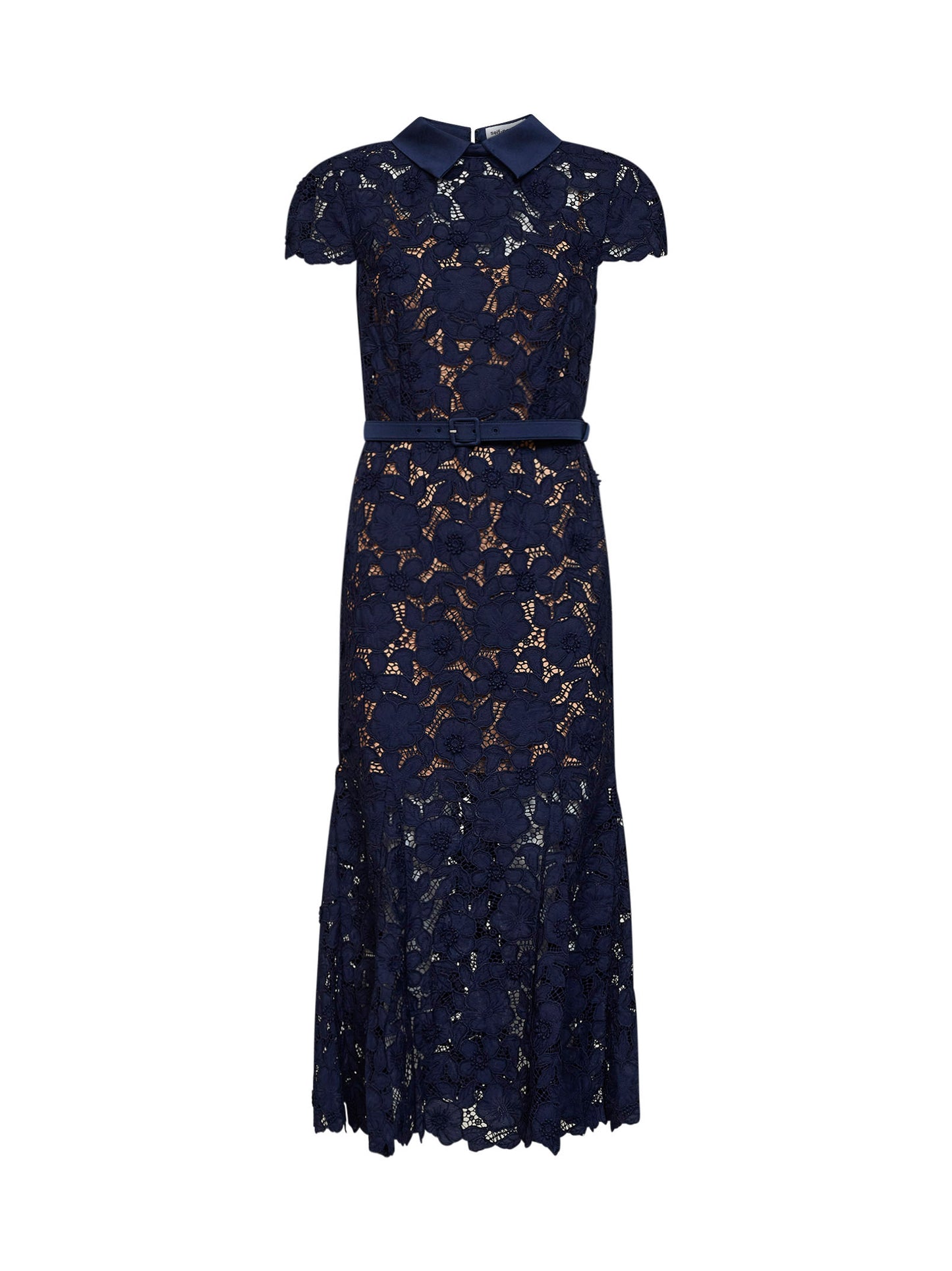 Abito midi con cintura in pizzo guipure blu navy