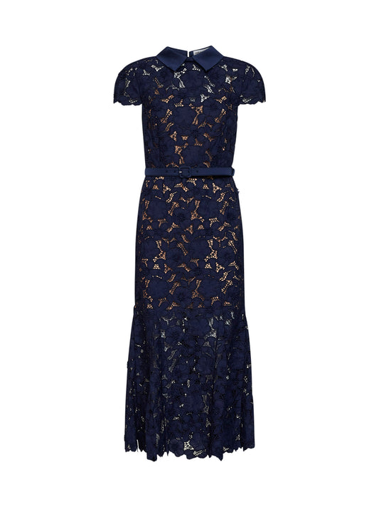 Navy blue guipure lace belted midi dress