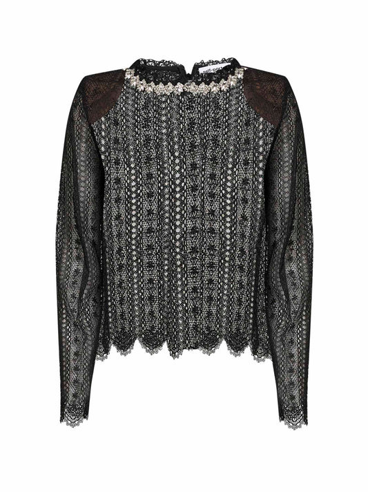 Black organza lace crystal-embellished top