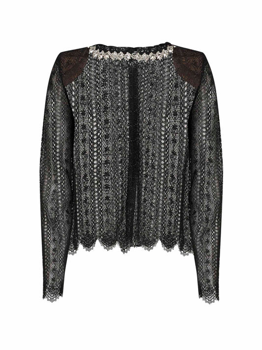 Black organza lace crystal-embellished top