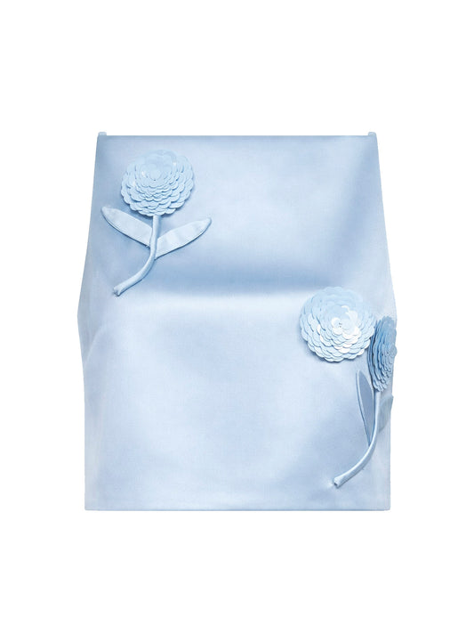 Top crop in raso azzurro con fiori 3D in paillettes