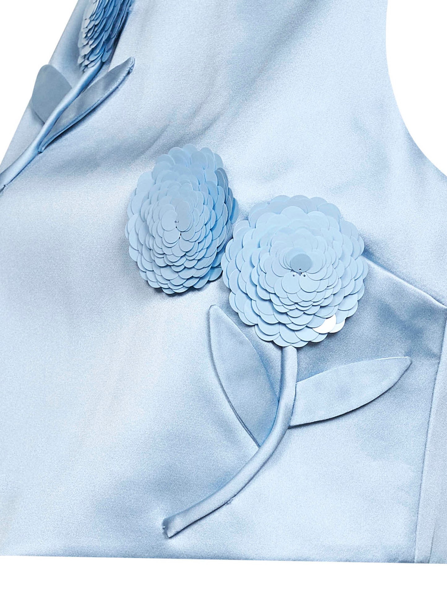 Top crop in raso azzurro con fiori 3D in paillettes