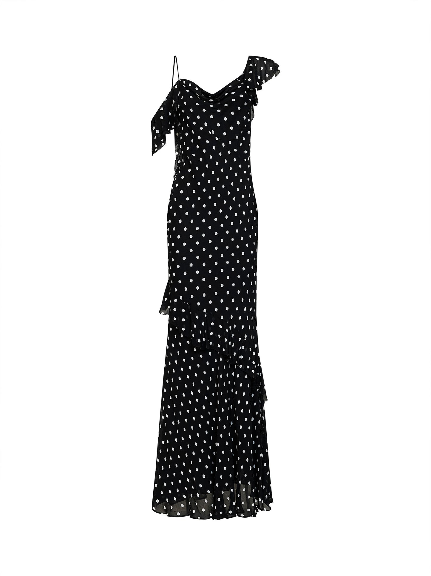 Black polka dot georgette maxi dress