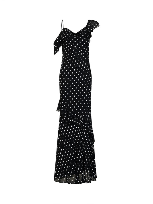 Black polka dot georgette maxi dress
