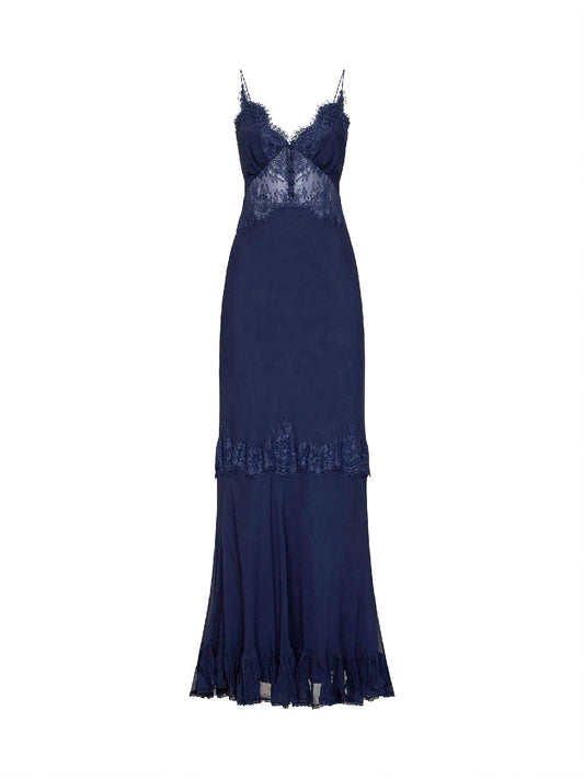 Navy blue georgette and lace maxi dress
