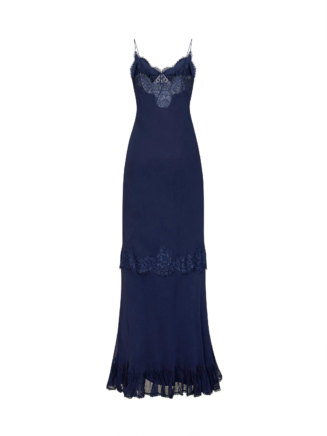 Maxi abito in georgette e pizzo blu navy<BR/>