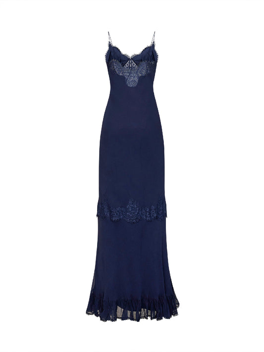 Navy blue georgette and lace maxi dress