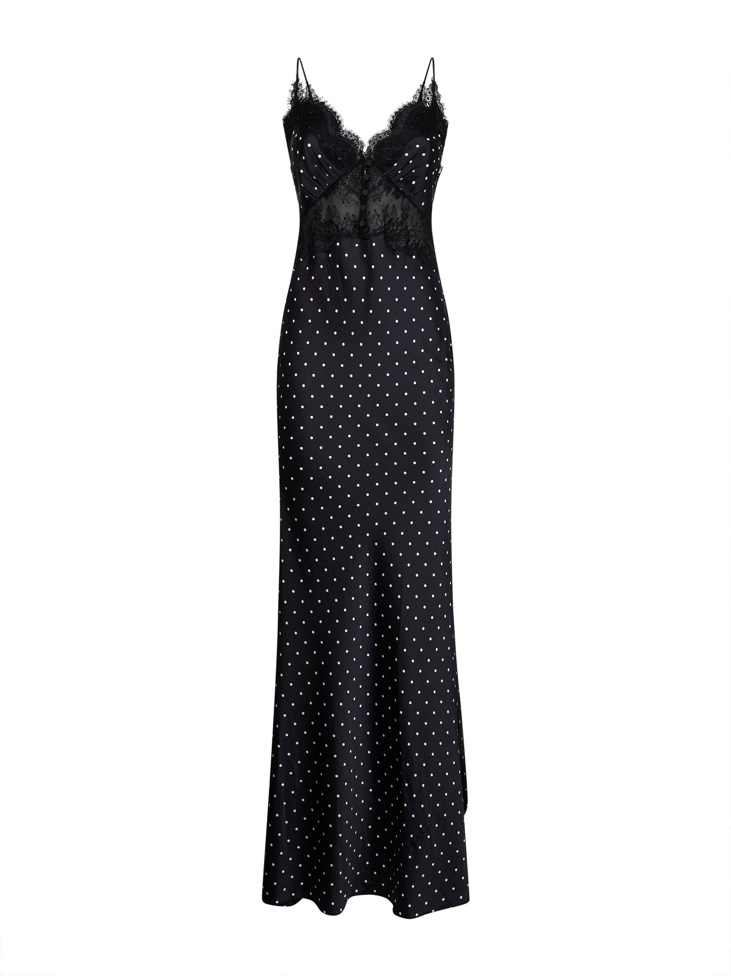 Abito lungo in raso a pois nero e bianco