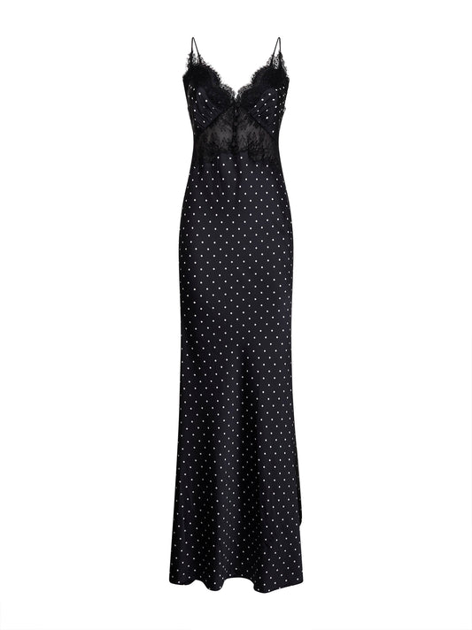 Abito lungo in raso a pois nero e bianco