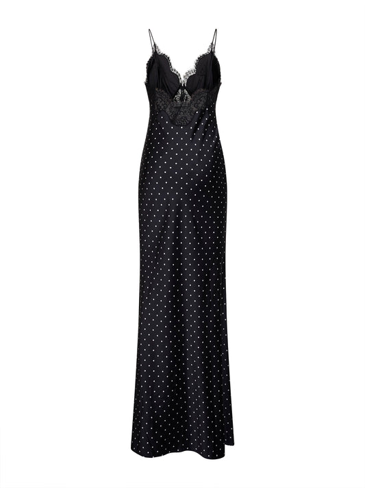 Abito lungo in raso a pois nero e bianco