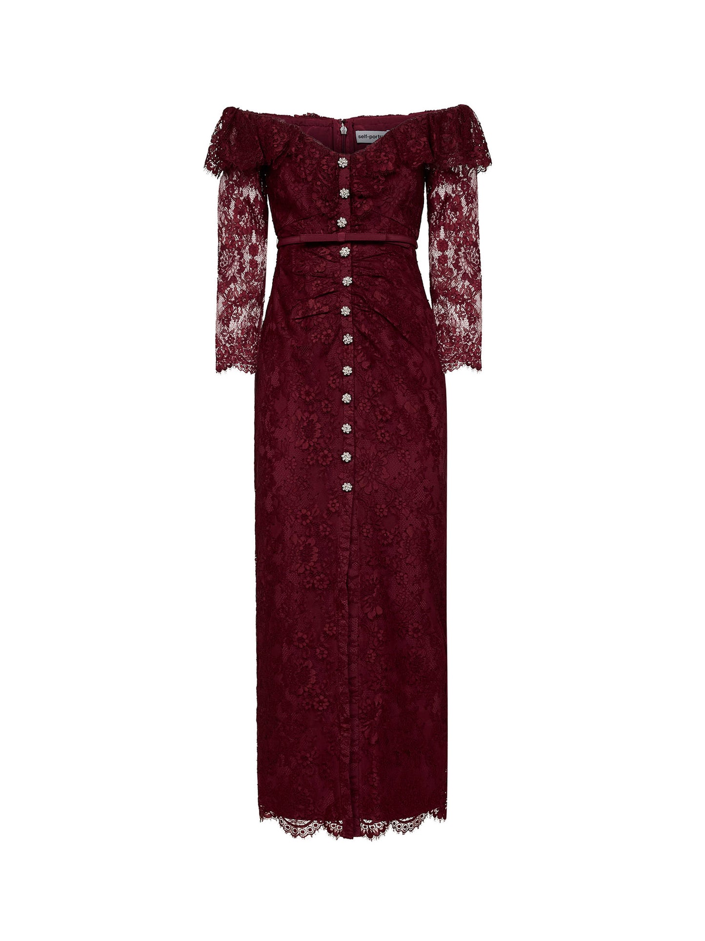 Maxi abito a spalle scoperte con cintura in pizzo bordeaux