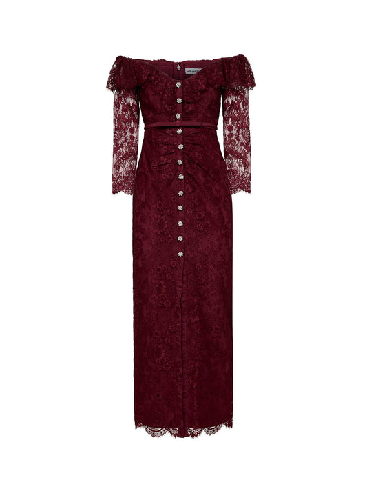 Burgundy lace belted off-the-shoulder maxi dress