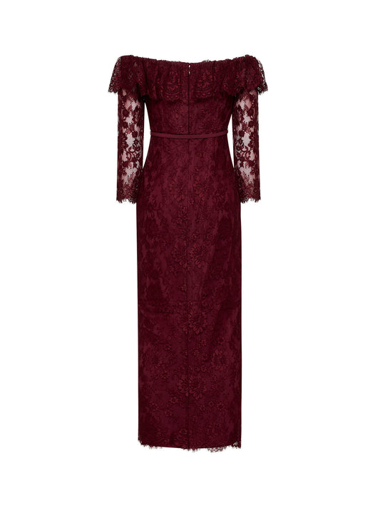 Burgundy lace belted off-the-shoulder maxi dress
